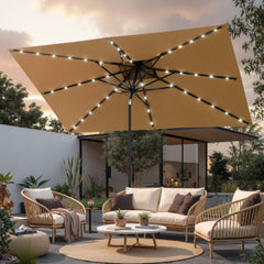 10x7 ft Aluminum Market Umbrella with Solar Lights & Double Top