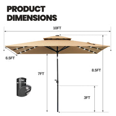 10x7 ft Aluminum Market Umbrella with Solar Lights & Double Top