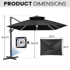 13x10 ft Aluminum Cantilever Patio Umbrella with LED Strip Lights & Double Top (Base Options)