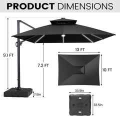 13x10 ft Aluminum Cantilever Patio Umbrella with LED Strip Lights & Double Top (Base Options)