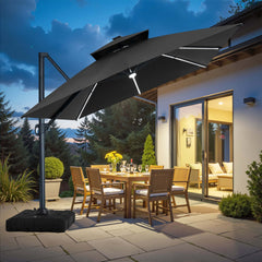 13x10 ft Aluminum Cantilever Patio Umbrella with LED Strip Lights & Double Top (Base Options)