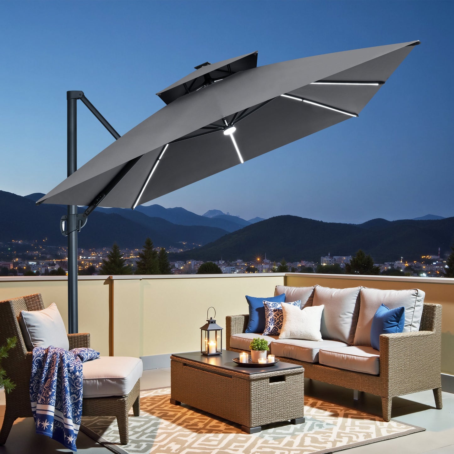 Crestlive Products 13 x 10 ft Aluminum Double Top Cantilever Patio Umbrella with LED Lights
