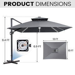 13x10 ft Aluminum Cantilever Patio Umbrella with LED Strip Lights & Double Top (Base Options)