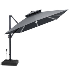 13x10 ft Aluminum Cantilever Patio Umbrella with LED Strip Lights & Double Top (Base Options)