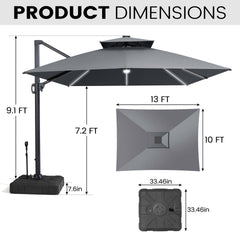 13x10 ft Aluminum Cantilever Patio Umbrella with LED Strip Lights & Double Top (Base Options)