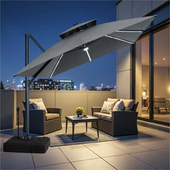 13x10 ft Aluminum Cantilever Patio Umbrella with LED Strip Lights & Double Top (Base Options)
