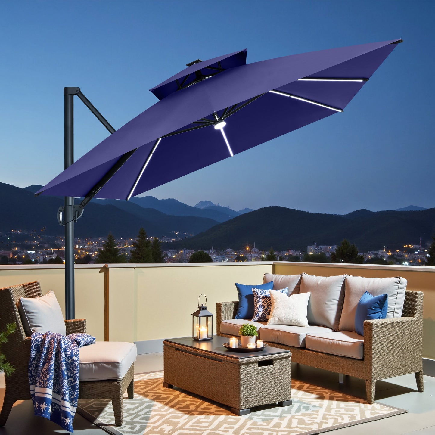Crestlive Products 13 x 10 ft Aluminum Double Top Cantilever Patio Umbrella with LED Lights