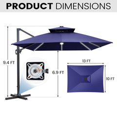 13x10 ft Aluminum Cantilever Patio Umbrella with LED Strip Lights & Double Top (Base Options)