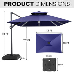 13x10 ft Aluminum Cantilever Patio Umbrella with LED Strip Lights & Double Top (Base Options)