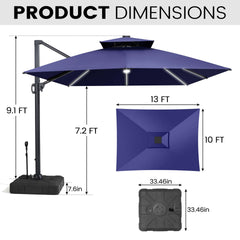 13x10 ft Aluminum Cantilever Patio Umbrella with LED Strip Lights & Double Top (Base Options)