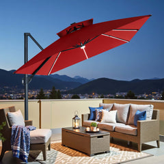 13x10 ft Aluminum Cantilever Patio Umbrella with LED Strip Lights & Double Top (Base Options)