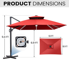 13x10 ft Aluminum Cantilever Patio Umbrella with LED Strip Lights & Double Top (Base Options)