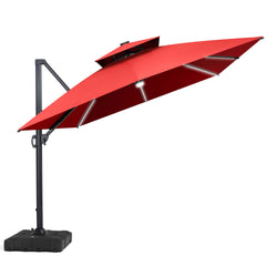 13x10 ft Aluminum Cantilever Patio Umbrella with LED Strip Lights & Double Top (Base Options)