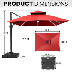 13x10 ft Aluminum Cantilever Patio Umbrella with LED Strip Lights & Double Top (Base Options)