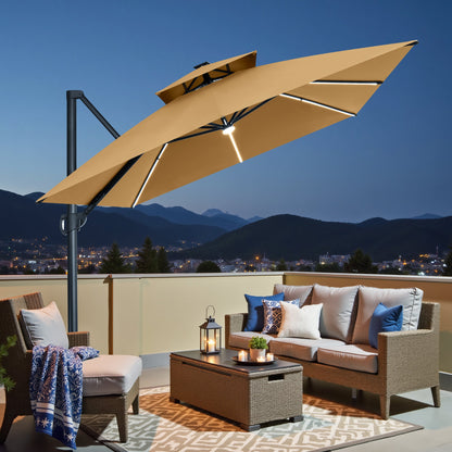 Crestlive Products 13 x 10 ft Aluminum Double Top Cantilever Patio Umbrella with LED Lights