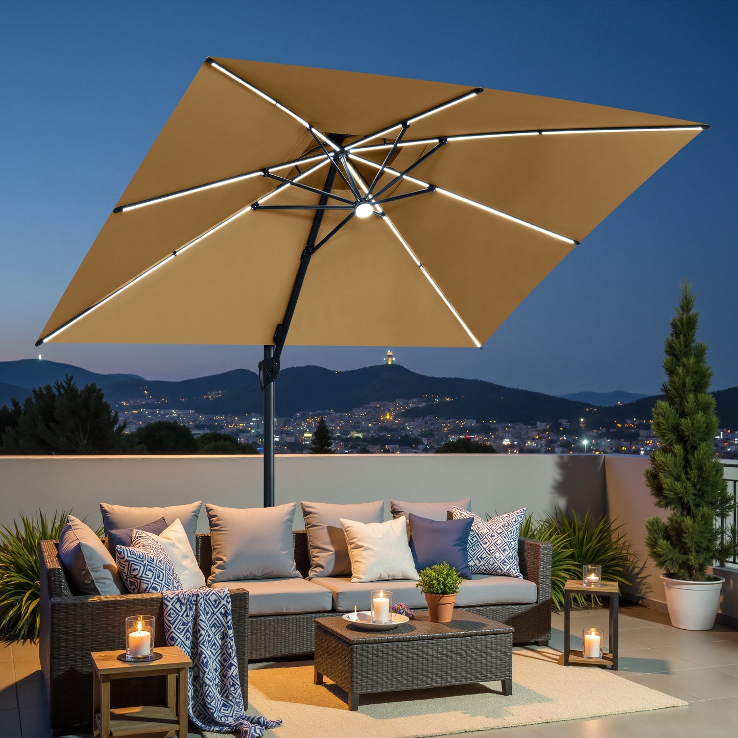 Crestlive Products 13 x 10 ft Aluminum Double Top Cantilever Patio Umbrella with LED Strip Lights and Base Options