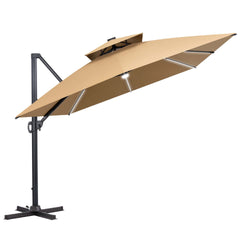 13x10 ft Aluminum Cantilever Patio Umbrella with LED Strip Lights & Double Top (Base Options)