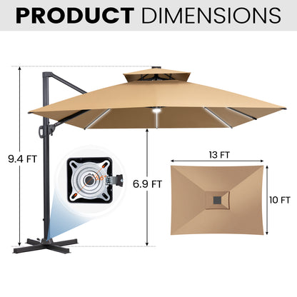 Crestlive Products 13 x 10 ft Aluminum Double Top Cantilever Patio Umbrella with LED Strip Lights and Base Options