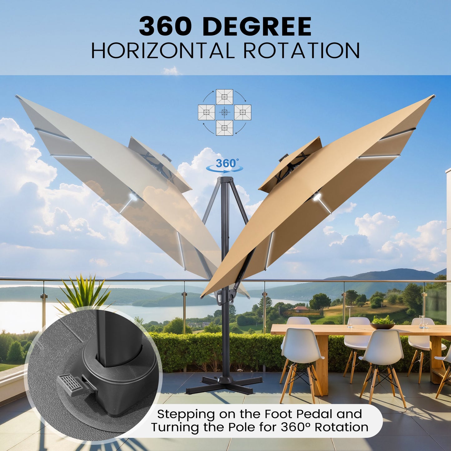 Crestlive Products 13 x 10 ft Aluminum Double Top Cantilever Patio Umbrella with LED Strip Lights and Base Options