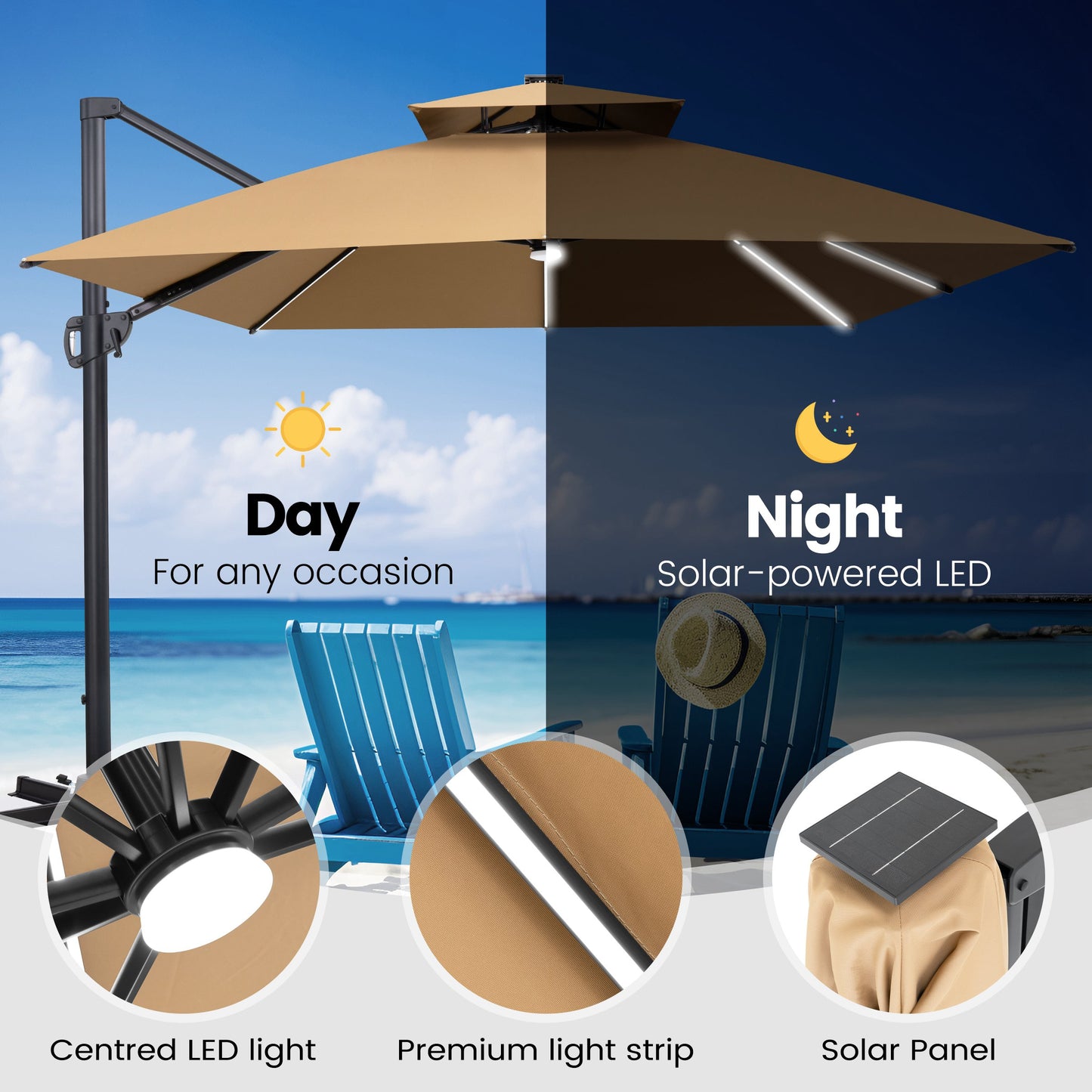 Crestlive Products 13 x 10 ft Aluminum Double Top Cantilever Patio Umbrella with LED Strip Lights and Base Options