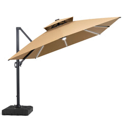 13x10 ft Aluminum Cantilever Patio Umbrella with LED Strip Lights & Double Top (Base Options)