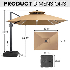13x10 ft Aluminum Cantilever Patio Umbrella with LED Strip Lights & Double Top (Base Options)