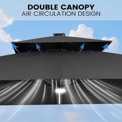 Crestlive Products 11 x 11 ft Aluminum Double Top Crank Cantilever Patio Umbrella with LED Lights