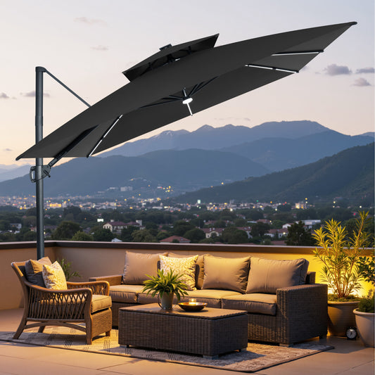 Crestlive Products 11 x 11 ft Aluminum Double Top Crank Cantilever Patio Umbrella with LED Lights