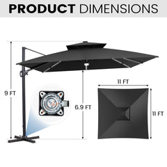 11x11 ft Square Aluminum Cantilever Patio Umbrella with LED Strip Lights & Double Top (Base Options)