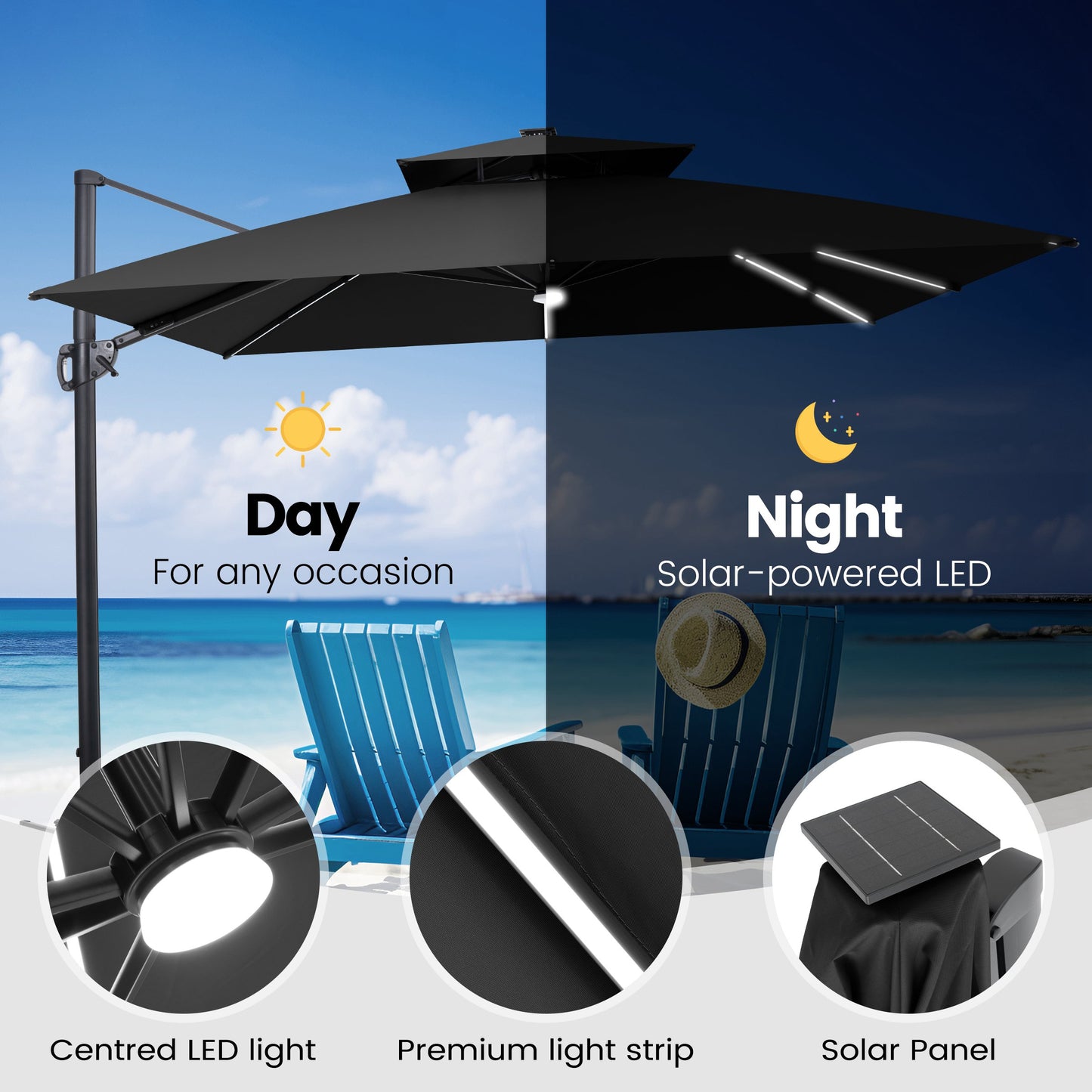 Crestlive Products 11 x 11 ft Aluminum Double Top Crank Cantilever Patio Umbrella with LED Lights