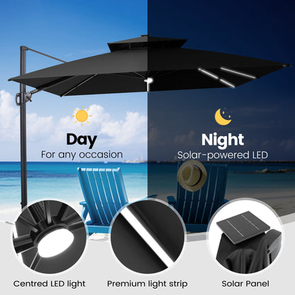 Crestlive Products 11 x 11 ft Aluminum Double Top Crank Cantilever Patio Umbrella with LED Lights