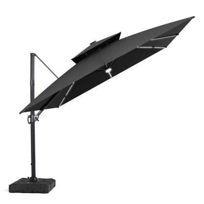 Crestlive Products 11 x 11 ft Aluminum Double Top Crank Cantilever Patio Umbrella with LED Strip Lights and Base Options