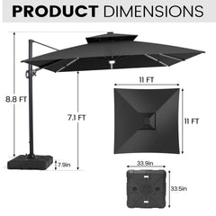 11x11 ft Square Aluminum Cantilever Patio Umbrella with LED Strip Lights & Double Top (Base Options)
