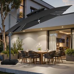 11x11 ft Square Aluminum Cantilever Patio Umbrella with LED Strip Lights & Double Top (Base Options)