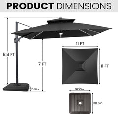 11x11 ft Square Aluminum Cantilever Patio Umbrella with LED Strip Lights & Double Top (Base Options)