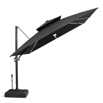 Crestlive Products 11 x 11 ft Aluminum Double Top Crank Cantilever Patio Umbrella with LED Strip Lights and Base Options