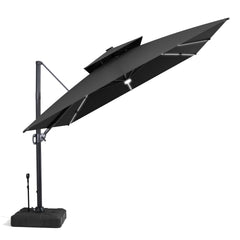 11x11 ft Square Aluminum Cantilever Patio Umbrella with LED Strip Lights & Double Top (Base Options)