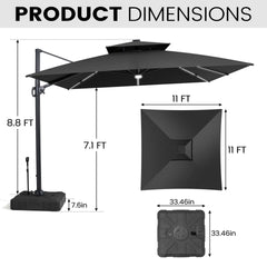 11x11 ft Square Aluminum Cantilever Patio Umbrella with LED Strip Lights & Double Top (Base Options)