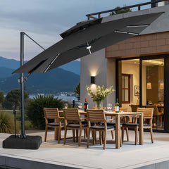 11x11 ft Square Aluminum Cantilever Patio Umbrella with LED Strip Lights & Double Top (Base Options)
