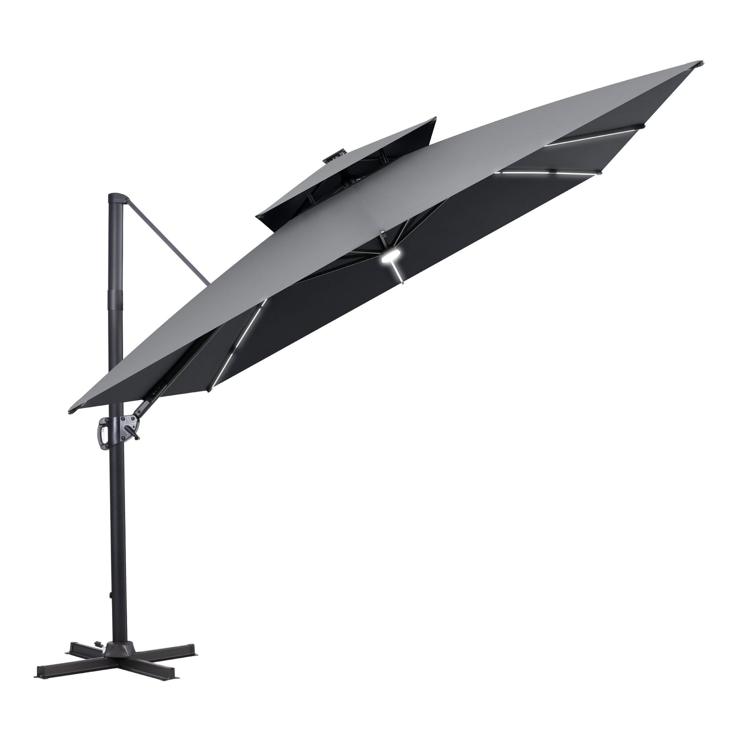Crestlive Products 11 x 11 ft Aluminum Double Top Crank Cantilever Patio Umbrella with LED Strip Lights and Base Options