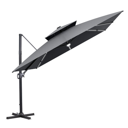 Crestlive Products 11 x 11 ft Aluminum Double Top Crank Cantilever Patio Umbrella with LED Strip Lights and Base Options