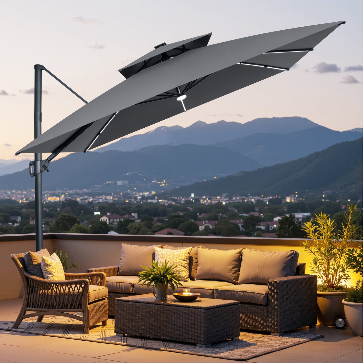 Crestlive Products 11 x 11 ft Aluminum Double Top Crank Cantilever Patio Umbrella with LED Lights