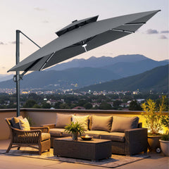 11x11 ft Square Aluminum Cantilever Patio Umbrella with LED Strip Lights & Double Top (Base Options)