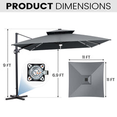 11x11 ft Square Aluminum Cantilever Patio Umbrella with LED Strip Lights & Double Top (Base Options)