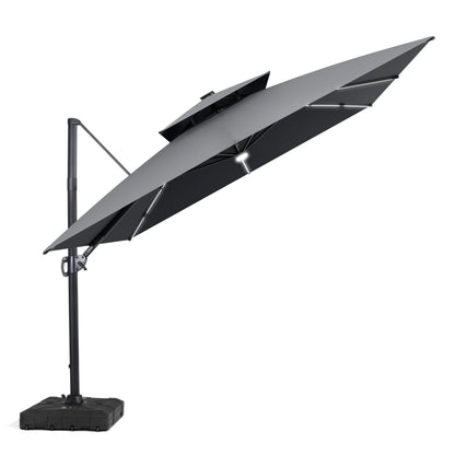 Crestlive Products 11 x 11 ft Aluminum Double Top Crank Cantilever Patio Umbrella with LED Strip Lights and Base Options