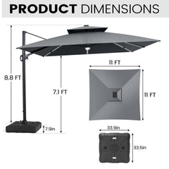 11x11 ft Square Aluminum Cantilever Patio Umbrella with LED Strip Lights & Double Top (Base Options)