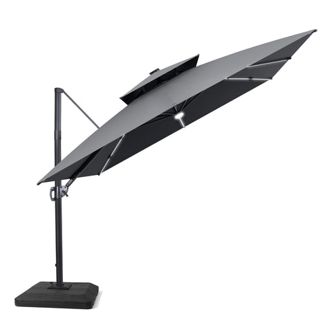 Crestlive Products 11 x 11 ft Aluminum Double Top Crank Cantilever Patio Umbrella with LED Strip Lights and Base Options
