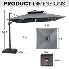 11x11 ft Square Aluminum Cantilever Patio Umbrella with LED Strip Lights & Double Top (Base Options)