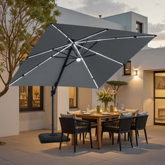 11x11 ft Square Aluminum Cantilever Patio Umbrella with LED Strip Lights & Double Top (Base Options)