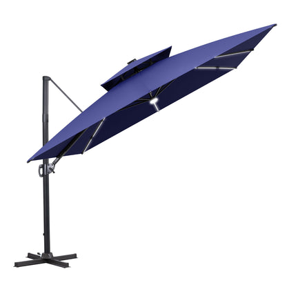 Crestlive Products 11 x 11 ft Aluminum Double Top Crank Cantilever Patio Umbrella with LED Strip Lights and Base Options